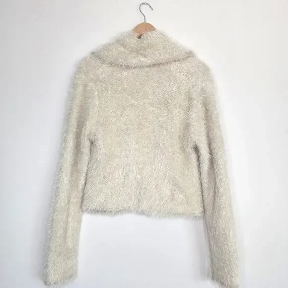 Free People Mina Fuzzy Sequin Tie Front Cardigan Cream Ivory Size Large - Picture 9 of 9